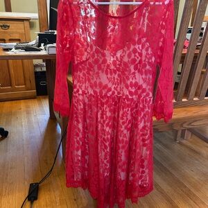 Free People Red Lace Long Sleeve Dress